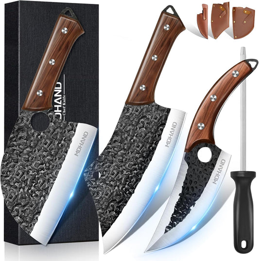 MDHAND Butcher Knife Set, 18PCS Hand Forged Serbian Chef Knife Set with Bag, Full Tang Kitchen Knife Sets with High Carbon Steel, Meat Cleaver Butcher Boning Knife for Brisket Trimming, Gift for Men