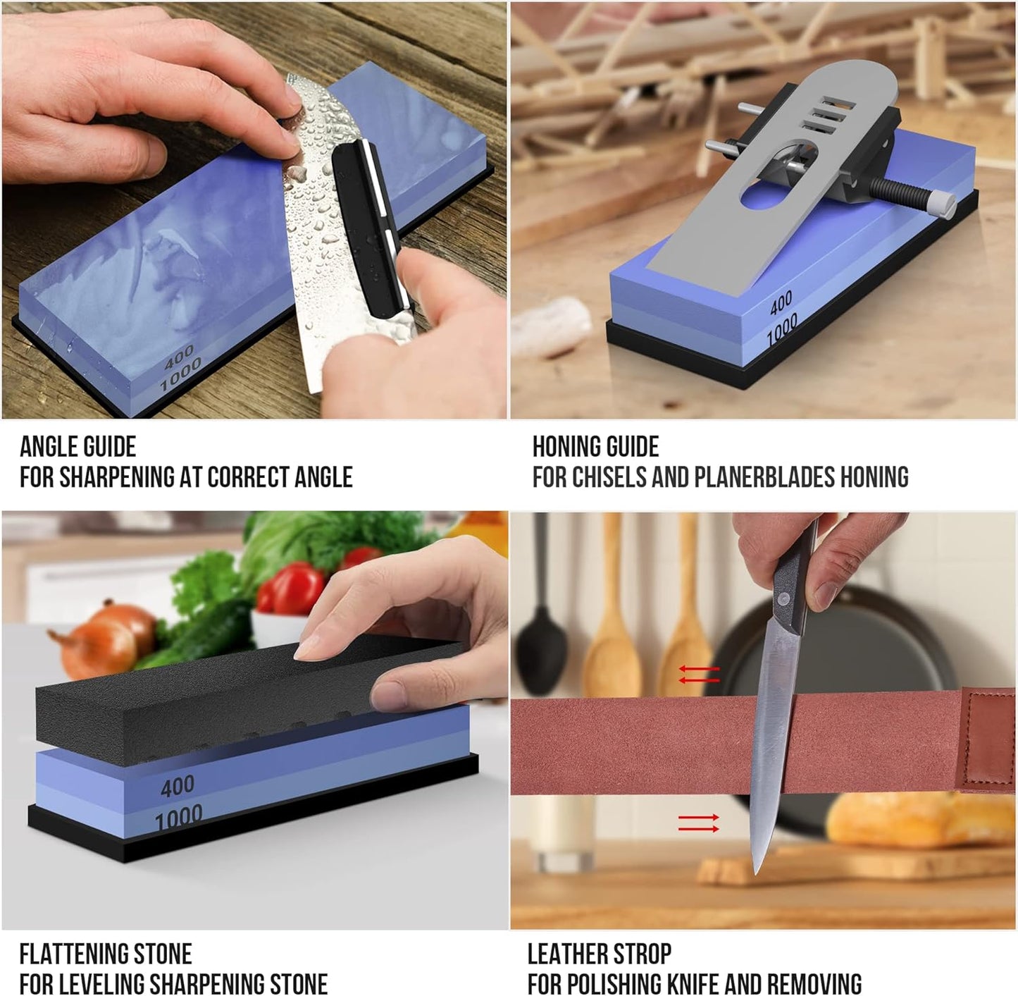 YeopAsda Knife Sharpening Stone Set - Premium 4 Side Grit 400/1000 3000/8000 Whetstone Sharpener Kit - Non-Slip Bamboo Base,Cut Resistant Gloves, Angle Guide,Flatting Stone,Honing Guide,Leather Strop