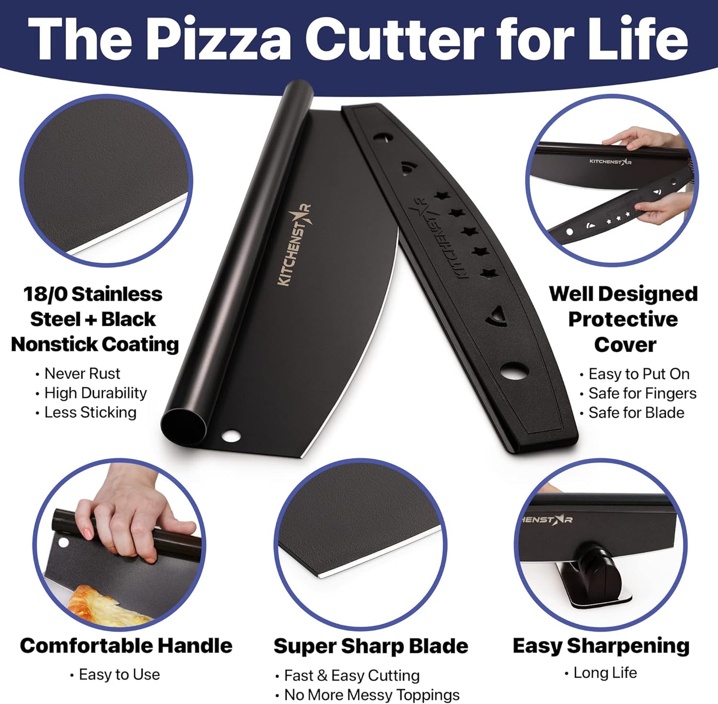 KitchenStar 12-Inch Pizza Cutter Rocker Blade - Sharp Stainless Steel Slicer Knife, Protective Cover, Dishwasher Safe, Small - Professional Pizza Oven Accessories