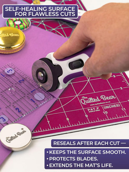 The Quilted Bear Rotating Cutting Mat 12" x 12" - Locking & Rotating Self Healing Cutting Board for Sewing, Fabric & Quilting - 360 Degree Sewing Supplies Mat for Craft Table (Pink)