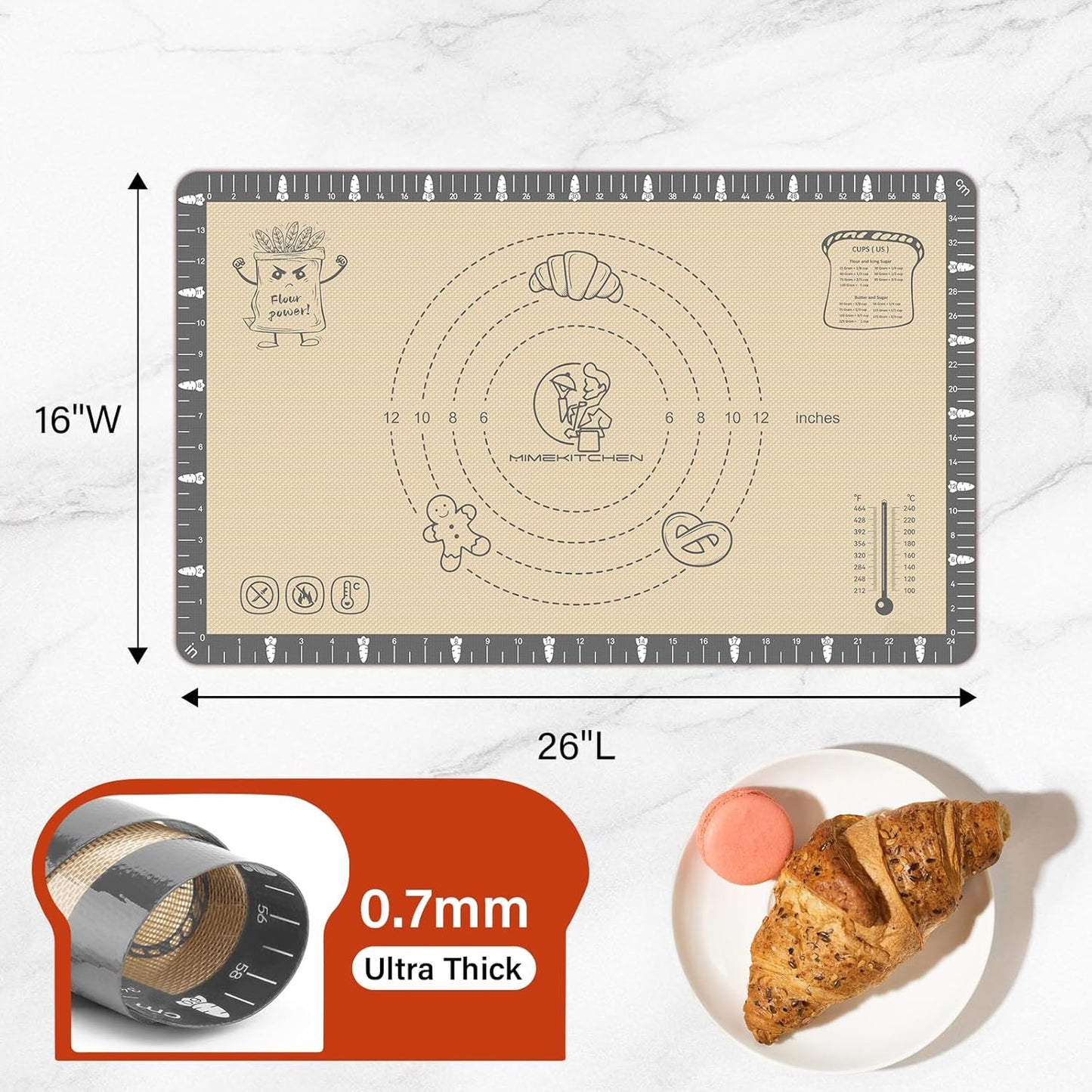 Extra Thick Silicone Baking Mat with Recipes - 26x16 inch Non Stick Pastry Mat with Measurements for Sourdough, Macarons, Bread, Pizza, Dough Rolling, Kneading, Heat Resistant to 480°F Gift for Baker