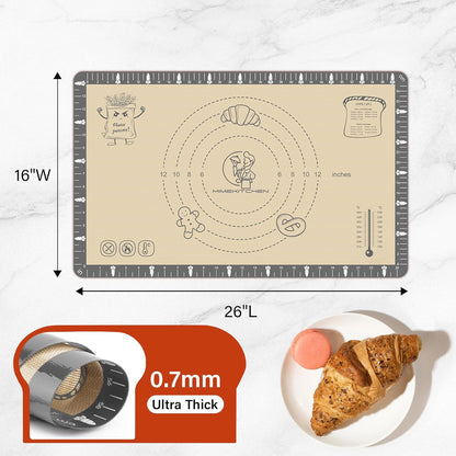 Extra Thick Silicone Baking Mat with Recipes - 26x16 inch Non Stick Pastry Mat with Measurements for Sourdough, Macarons, Bread, Pizza, Dough Rolling, Kneading, Heat Resistant to 480°F Gift for Baker