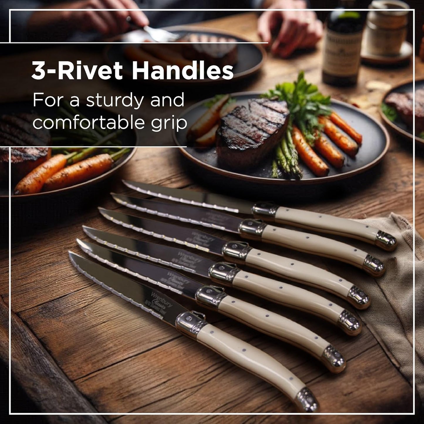 Wrenbury Laguiole Steak Knives Set of 6 Stainless Steel French Design Serrated Dinner Knife Set for Dining and Gifting - Ivory