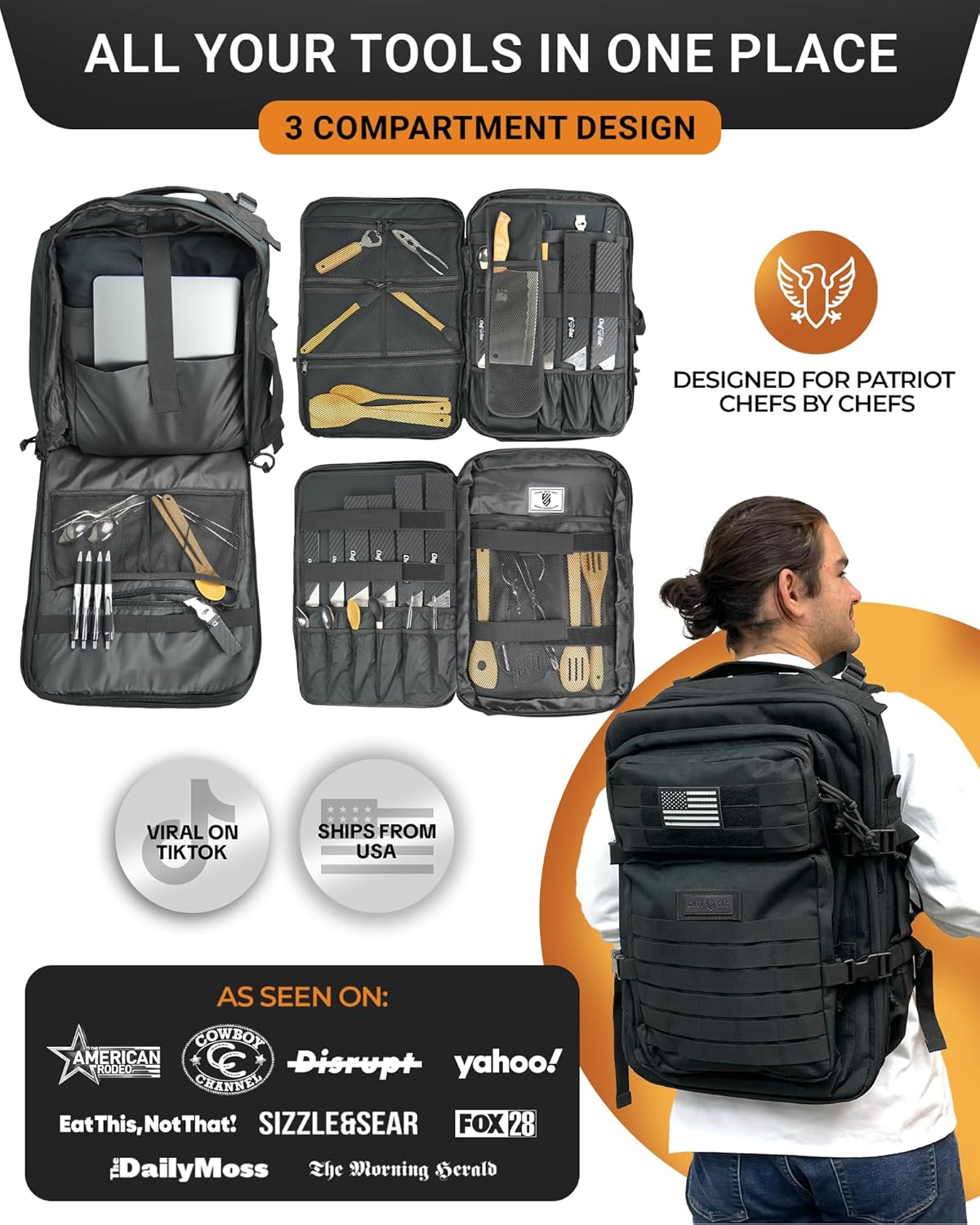 Chef Knife Bag Tactical Backpack XL, 30+ Pocket Knife Carrying Case for Chefs and Culinary Tools, Patented Retention Panels with Hook-and-Loop System, YKK Zippers, Fits 12in Knives