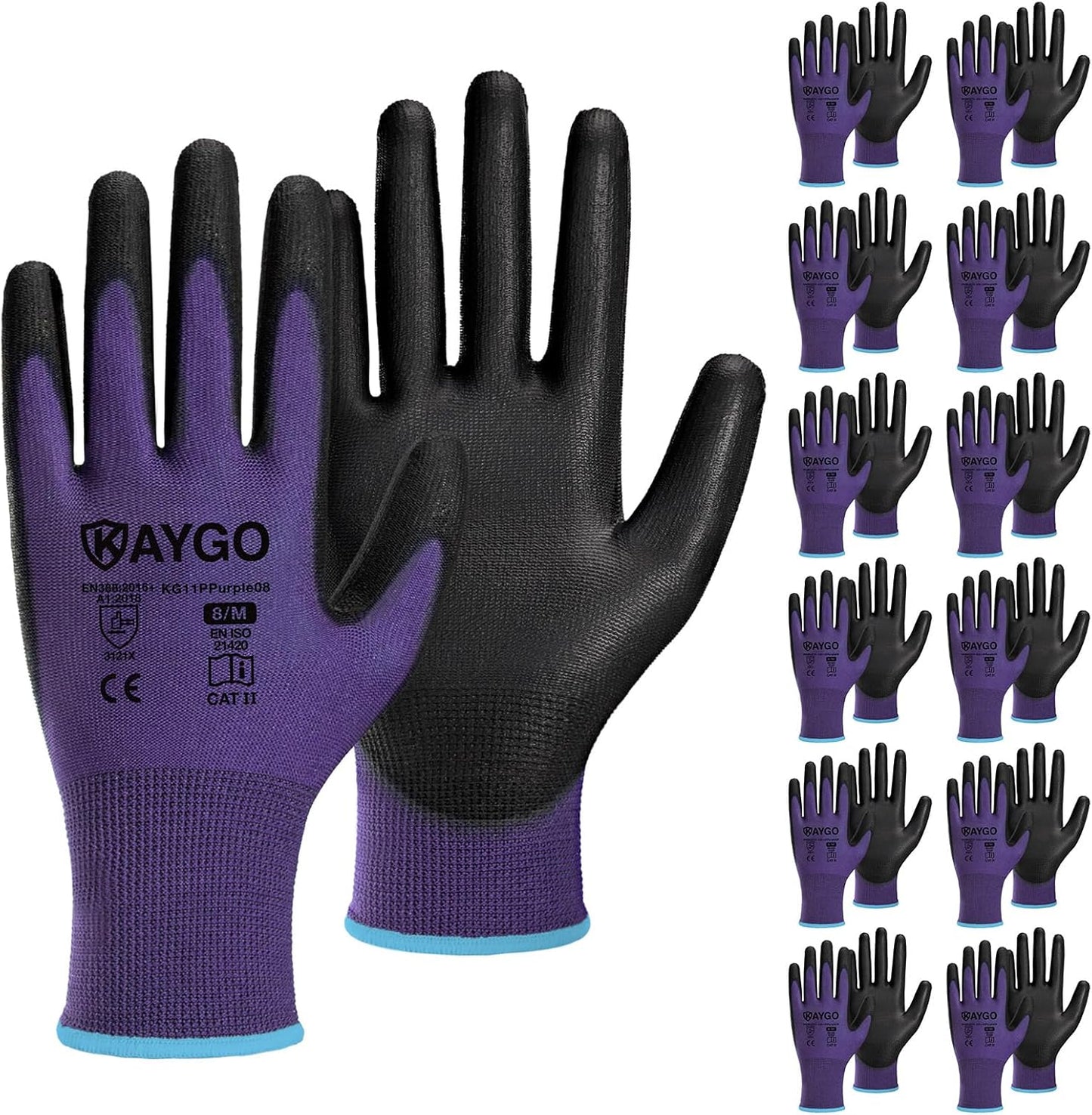 KAYGO Work Gloves for Men and Women,12 Pairs Seamless Knit PU Coated Safety Gloves, with Smooth Grip on Palm and Fingers, Ideal for Light Warehouse, Manufacturing, Gardening, KG11P (M, Black)