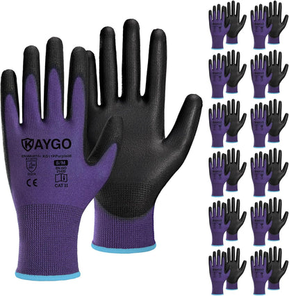 KAYGO Work Gloves for Men and Women,12 Pairs Seamless Knit PU Coated Safety Gloves, with Smooth Grip on Palm and Fingers, Ideal for Light Warehouse, Manufacturing, Gardening, KG11P (M, Black)