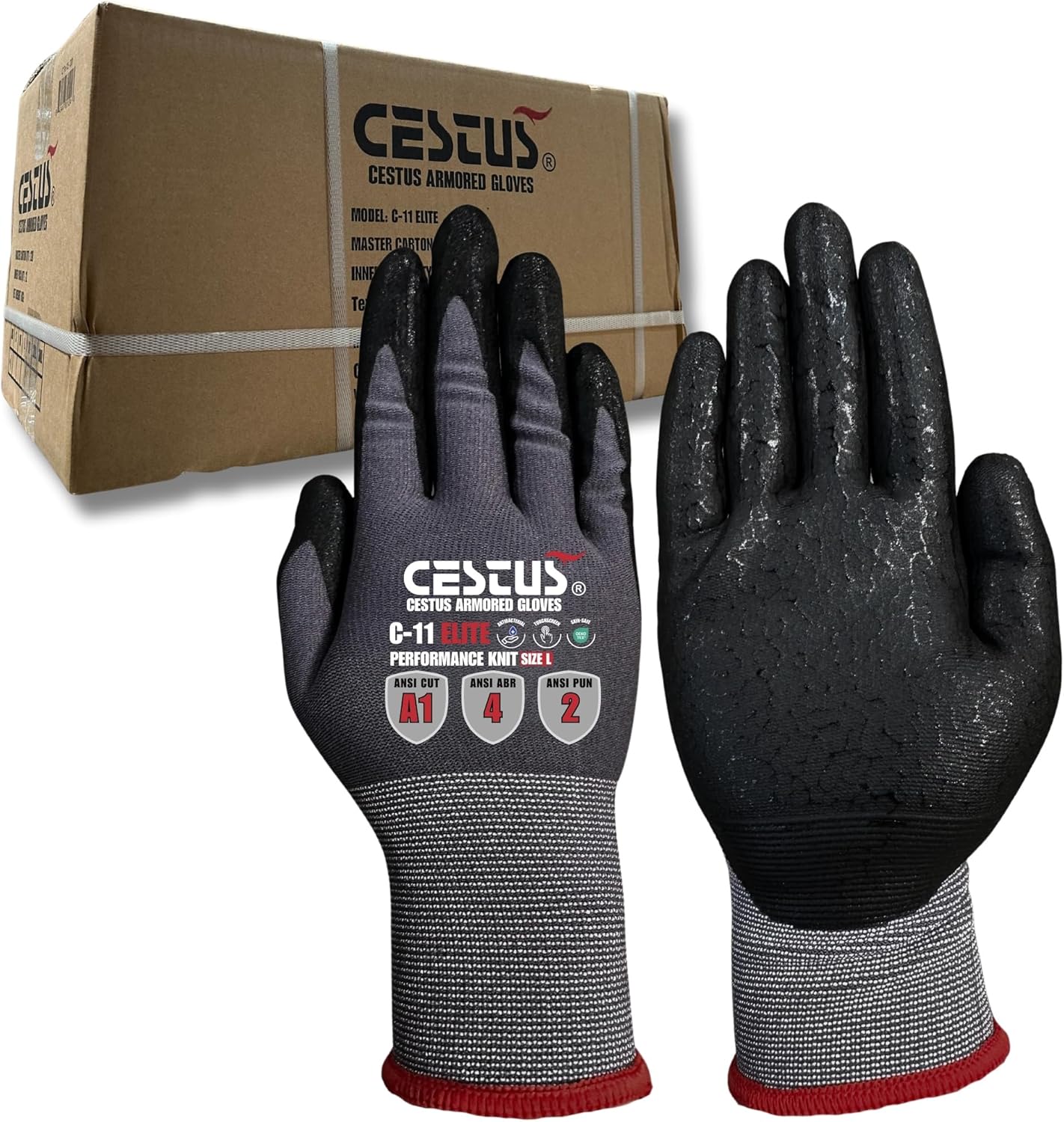 Cestus C11e, Nitrile Coated Work Gloves with Grip, Touchscreen, Reinforced Double Knit (3,12,120 Pairs)