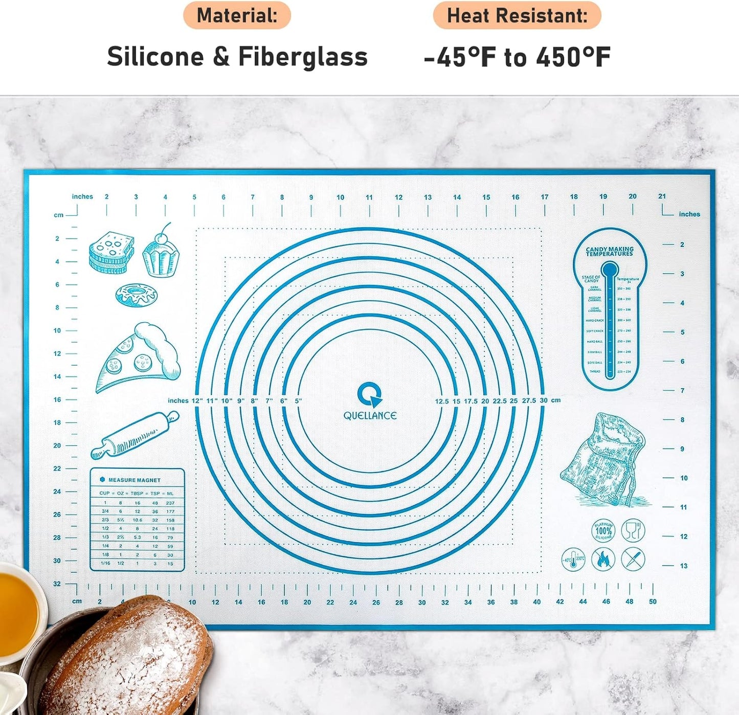 Silicone Pastry Baking Mat Dough - 16x24Inch Large Non Stick Slip Cookie Bread Rolling Mats Sheet, Kitchen Counter Kneading Cooking Board Pad Matt with Measurement for Pie Pizza Cookies Fondant Making