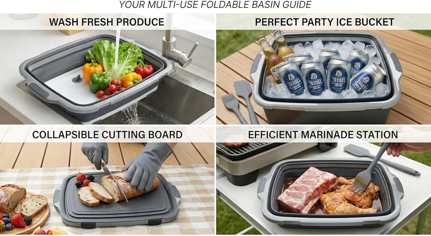 Collapsible BBQ Prep Tub with Lid & Cutting Board 8L - Meat Marinating Basin & Grill Carry System - 5pc Set with Heat Resistant Gloves, Basting Brush & Spatula(Orange, Large, 8L)
