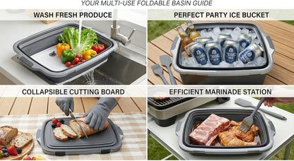 Collapsible BBQ Prep Tub with Lid & Cutting Board 8L - Meat Marinating Basin & Grill Carry System - 5pc Set with Heat Resistant Gloves, Basting Brush & Spatula(Orange, Large, 8L)