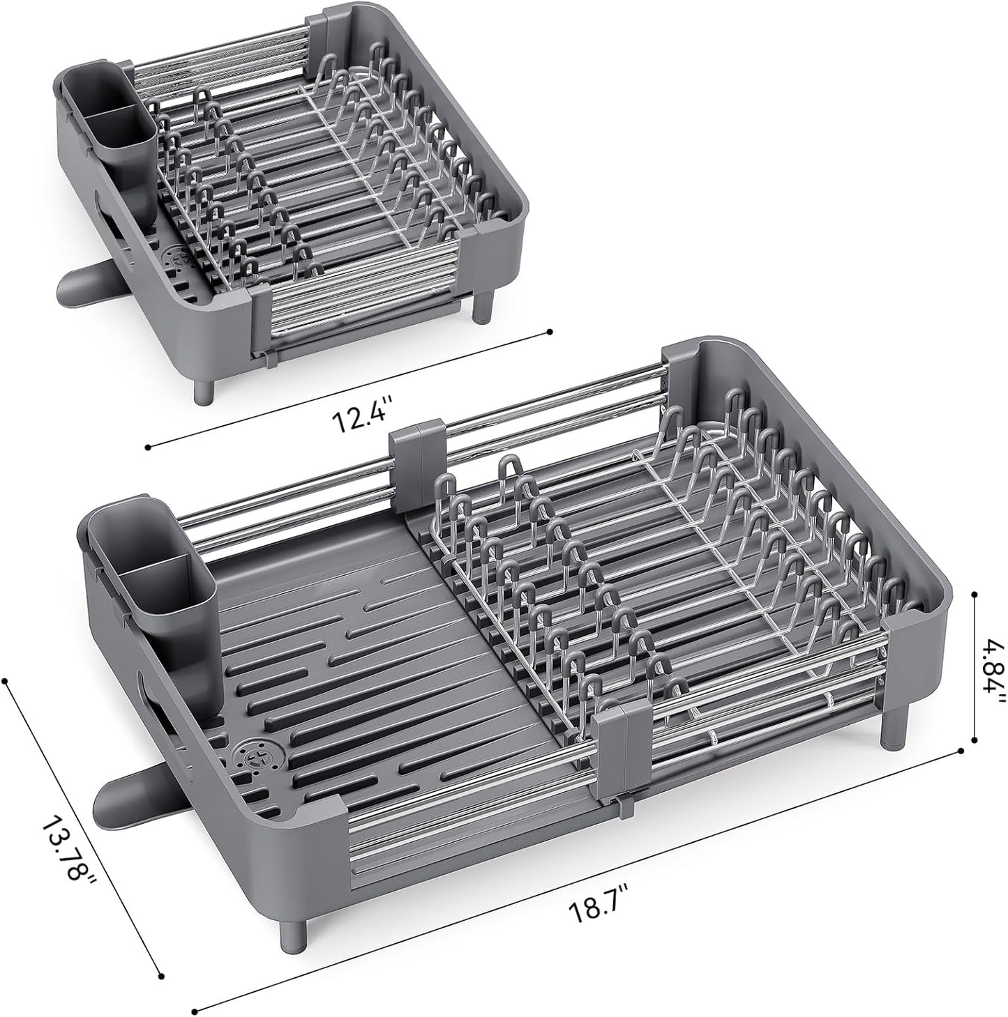 Urackify Stainless Steel Dish Drying Rack - Dish Drainer for Kitchen Counter, Extendable Drainboard with Foldable, Space-Saving Cup & Bowl Organizer, Includes Knife and Utensil Holder, Matte-Green