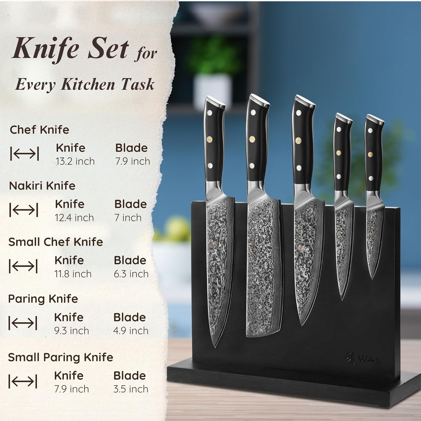Wakoli Damascus Chef Knife Set with Magnetic Block – 5-Piece Professional Kitchen Knife Block Set, Genuine 67-Layer Damascus Steel Blades with VG10 Core & Ergonomic Sycamore Wood Handles