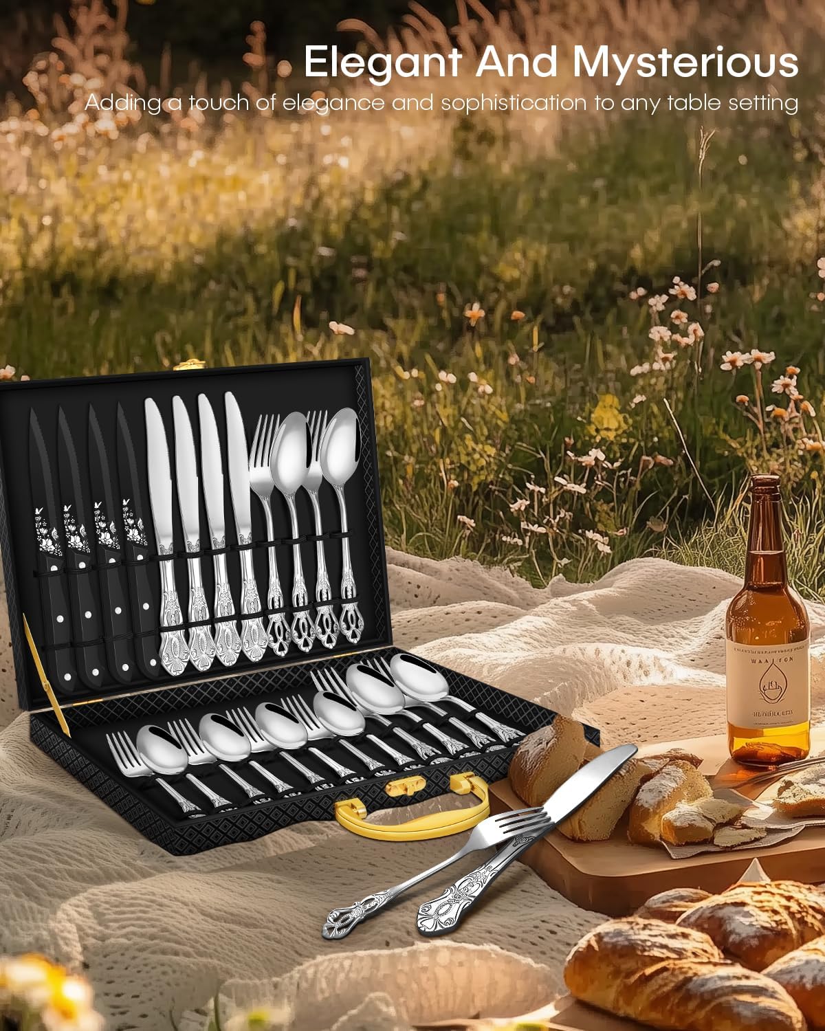 Black Silverware set with Steak Knives, Ollex 24PCS Retro Royal Flatware Set for 4 with Box, Food-Grade Stainless Steel Utensil Sets Includes Spoons Forks and Knives, Mirror Finish Dishwasher Safe