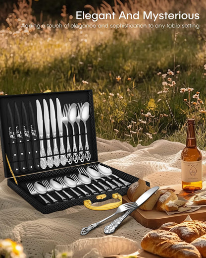 Black Silverware set with Steak Knives, Ollex 24PCS Retro Royal Flatware Set for 4 with Box, Food-Grade Stainless Steel Utensil Sets Includes Spoons Forks and Knives, Mirror Finish Dishwasher Safe