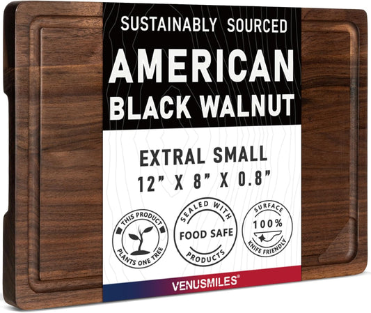 Walnut Wood Cutting Board for Kitchen with Deep Juice Groove & Side Handles, 17”L x 11”W x 0.8”H, Handcrafted North American Black Walnut Wood Grain, Medium Chopping Board, Reversible Butcher Block