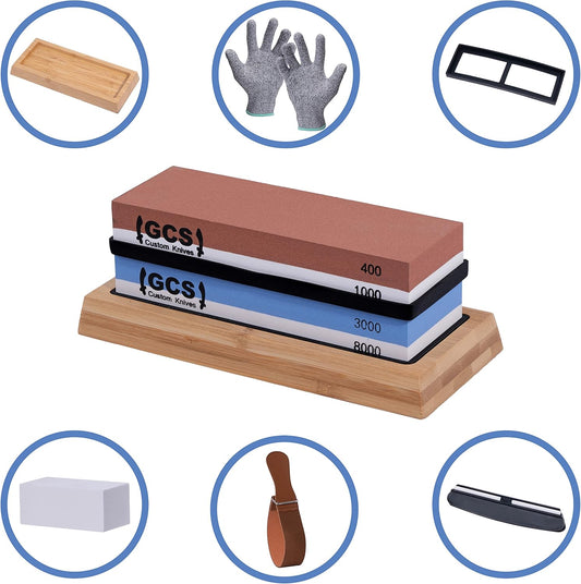 GCS Knives Sharpening Stone Set Dual Grit Whetstone 400/1000 3000/8000 Waterstone Set - Kitchen Knife Sharpener Wet Stones Kit - Flattening Stone, Angle Guide, Leather Strop, Cut Resistant Gloves