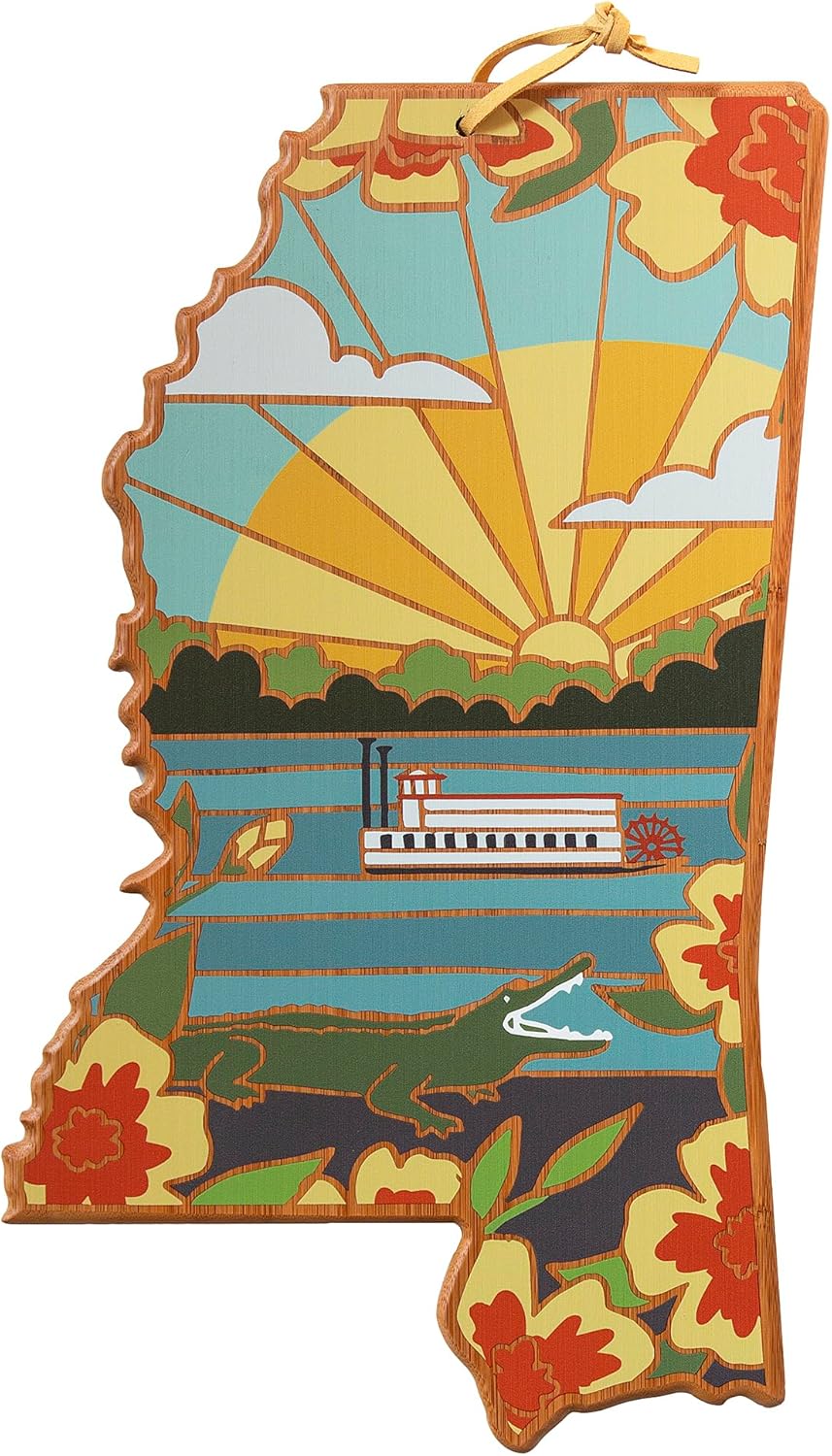 Totally Bamboo North Carolina State Shaped Cutting Board and Charcuterie Serving Platter with Artwork by Summer Stokes, Includes Hang Tie for Wall Display 18" x 8" x 5/8" - Colors A