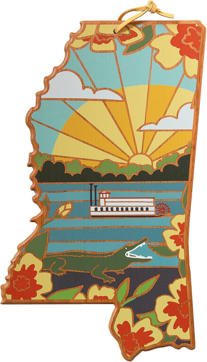 Totally Bamboo North Carolina State Shaped Cutting Board and Charcuterie Serving Platter with Artwork by Summer Stokes, Includes Hang Tie for Wall Display 18" x 8" x 5/8" - Colors A