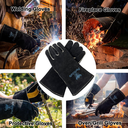 Welding Gloves 14 Inches, Heat Resistant 932 Leather Welders Gloves for MIG, TIG, Stick, Long Sleeve Grill Gloves for Welding, Fireplace, BBQ, Oven, Furnace, Wood Stove, Animal Handling Grey