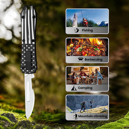 Automatic Utility Knife,All Metal Construction Carbon Stainless Steel Blade,Box Cutter Quick Change Retractable,EDC Push Button with Clip,10PCS #23 Blades Replacement,Stars&Stripes