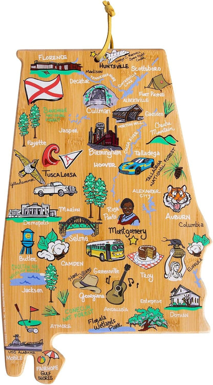 Totally Bamboo Tennessee State Shaped Cutting Board and Charcuterie Serving Platter with Artwork by Fish Kiss, Includes Hang Tie for Wall Display - Colors A