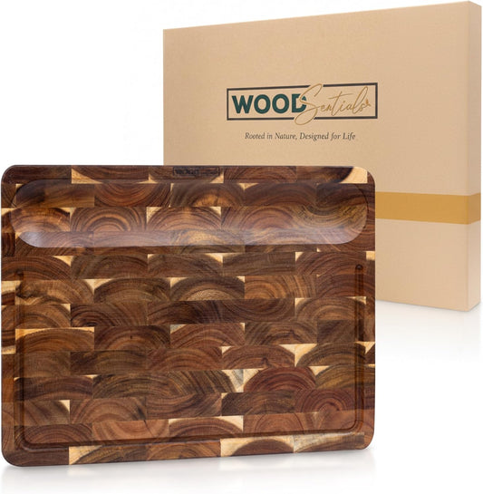 Evergreen End Grain Acacia Wood Cutting Board for Kitchen | Large 16x12.4x1.5" Butcher Block with Juice Groove & Non-Slip Feet | 2in1 Charcuterie Board, Non-Toxic, Gift Box