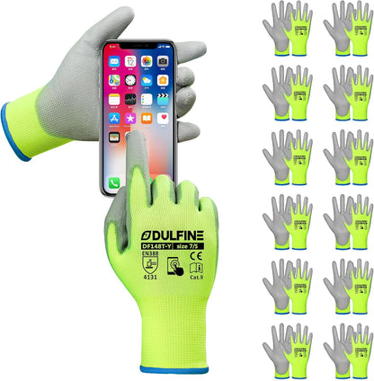 DULFINE Safety Work Gloves PU Coated-12 Pairs,Red Seamless Knit Glove with Polyurethane Coated Smooth Grip on Palm & Fingers, for Men and Women, Ideal for General Duty Work (Large)