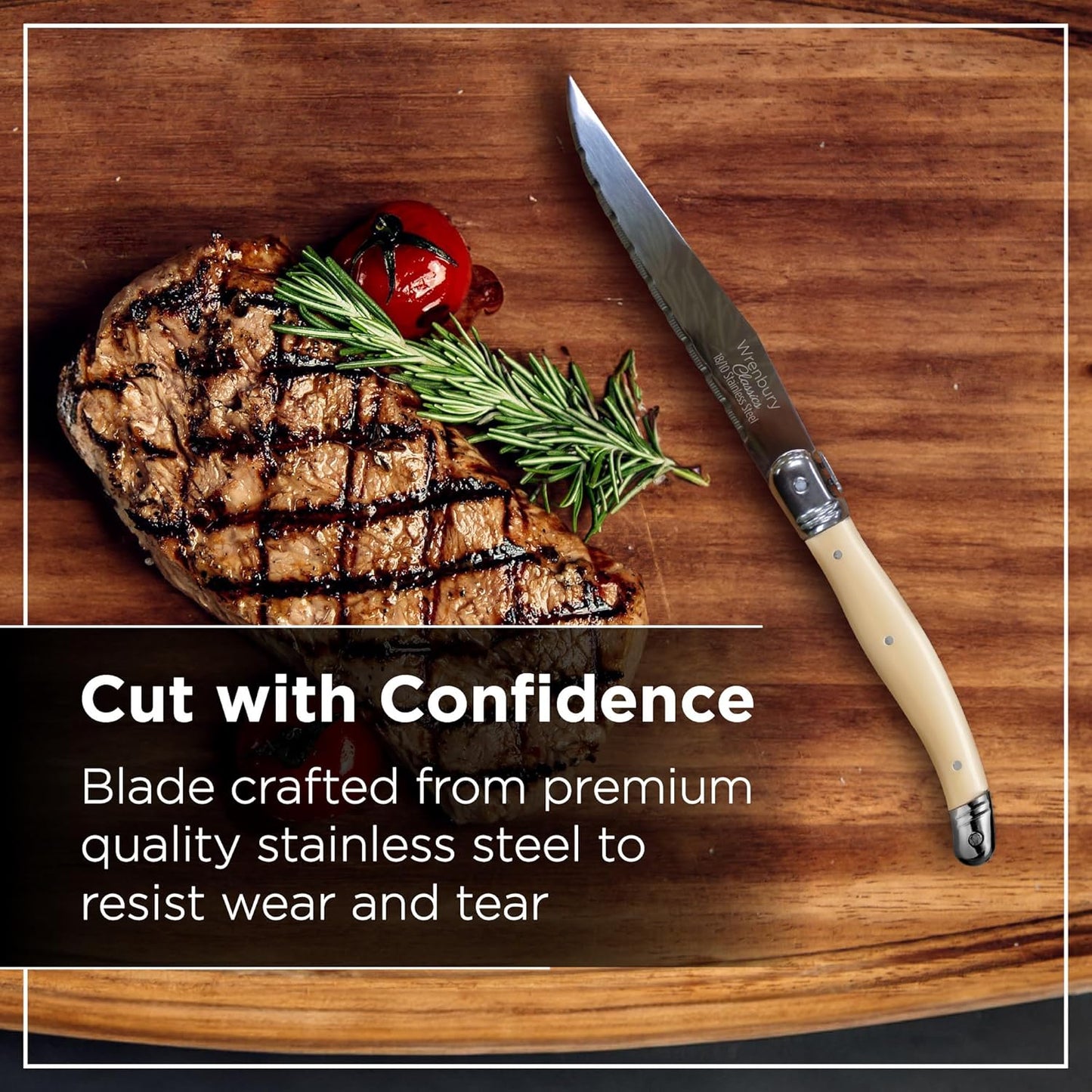 Wrenbury Laguiole Steak Knives Set of 6 Stainless Steel French Design Serrated Dinner Knife Set for Dining and Gifting - Ivory