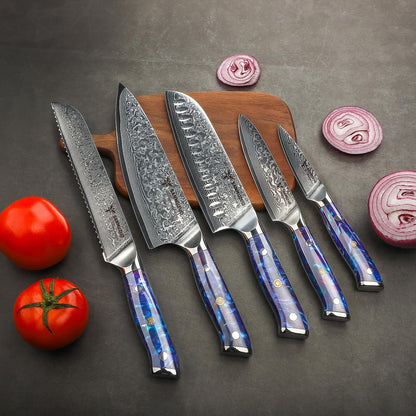 Steak Knives Set of 4, Ultra Sharp Non Serrated Kitchen Steak Knife 5 Inch - Damascus Steel & Resin Handle - Xuan Series (Sapphire Blue)