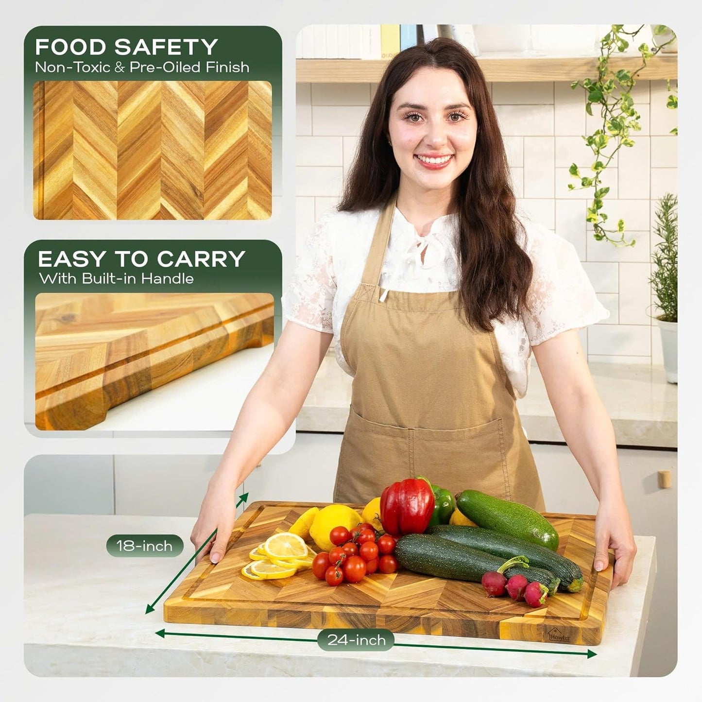 Howizz Acacia Wood Large Cutting Board, Thick End Grain Solid Wood Butcher Block For Kitchen, Non Toxic Pre-Oiled Carving Tray w/Juice Grooves and Easy Grip Handle, 20"x15"x1" (Gift-Ready Box)