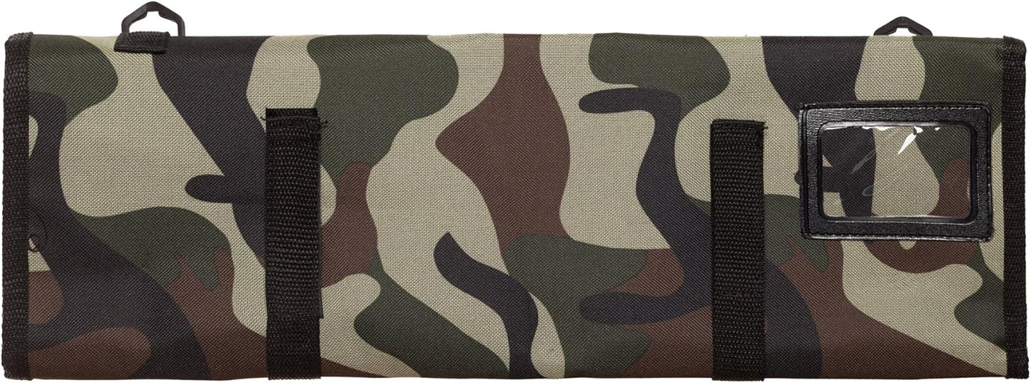 Ergo Chef 8 Pocket Roll Bag for Chef Knives, 1 Large Mesh Pocket for Kitchen Utensils, Durable Nylon-Polyester Blend, with Shoulder Strap (Camouflage)