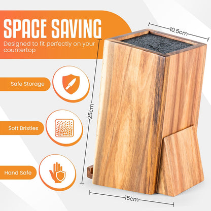 Acacia Wood Angled Knife Block with Multi-Purpose Holder – Universal Kitchen Knife Storage with Removable Bristle Insert (Honey brown, regular medium)