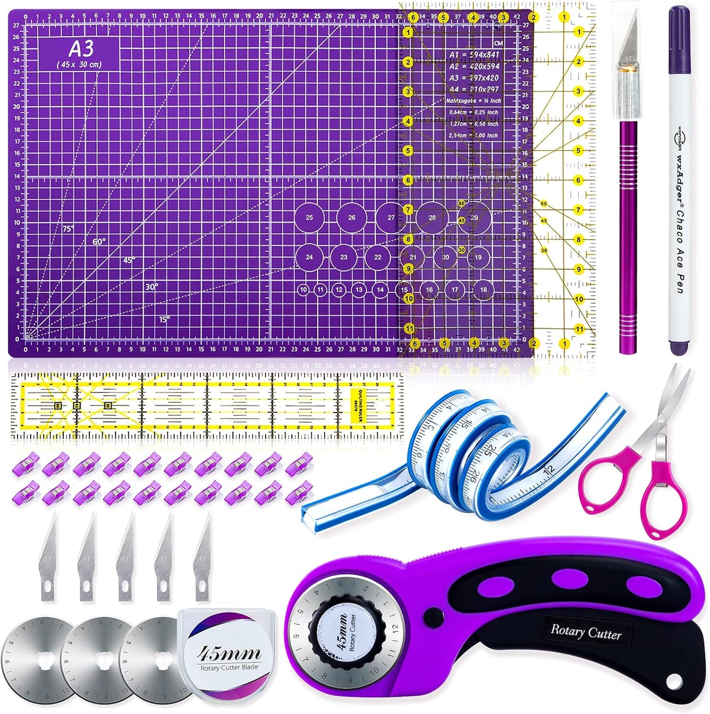 Nicecho Rotary Cutter Set,Sewing Quilting Supplies,45mm Fabric Cutters,A3 Cutting Mat for Sewing,Acrylic Rulers,Scissors,Exacto Knife,Clips,Beginners Sewing Accessories,Fabric Cutter Kit