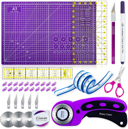 Nicecho Rotary Cutter Set,Sewing Quilting Supplies,45mm Fabric Cutters,A3 Cutting Mat for Sewing,Acrylic Rulers,Scissors,Exacto Knife,Clips,Beginners Sewing Accessories,Fabric Cutter Kit