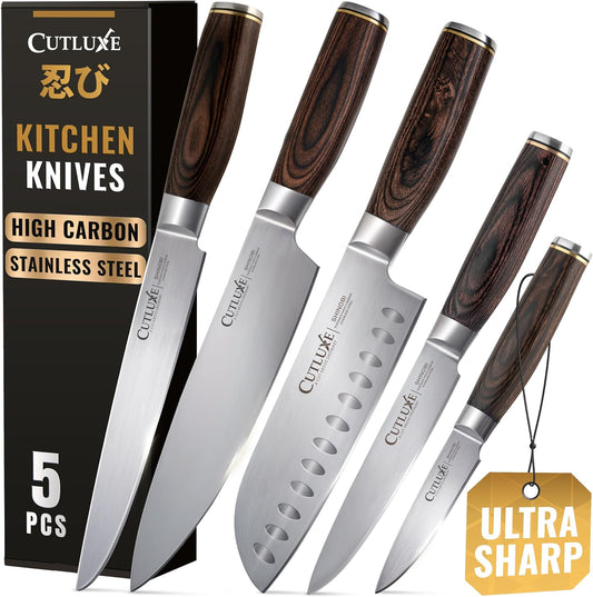 Cutluxe 3-Piece Chef Knife Set – Ultra Sharp Japanese Kitchen Knives, High Carbon Stainless Steel Blades, Full Tang Pakkawood Handles – Shinobi Series