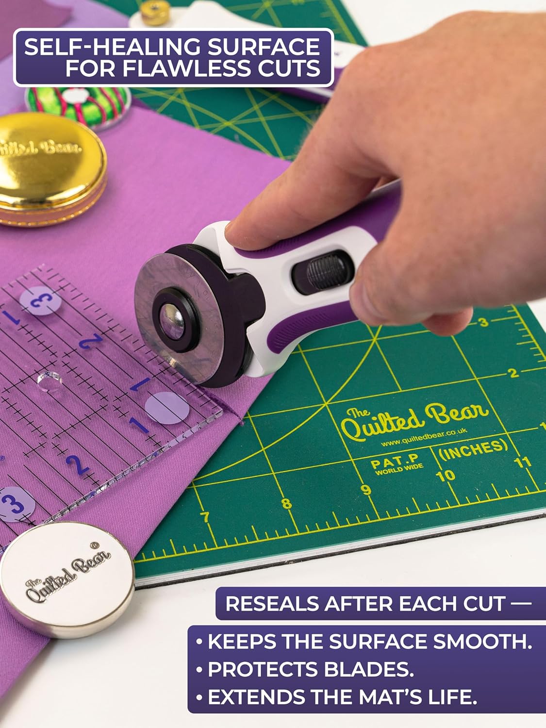 The Quilted Bear Rotating Cutting Mat 12" x 12" - Locking & Rotating Self Healing Cutting Board for Sewing, Fabric & Quilting - 360 Degree Sewing Supplies Mat for Craft Table (Pink)