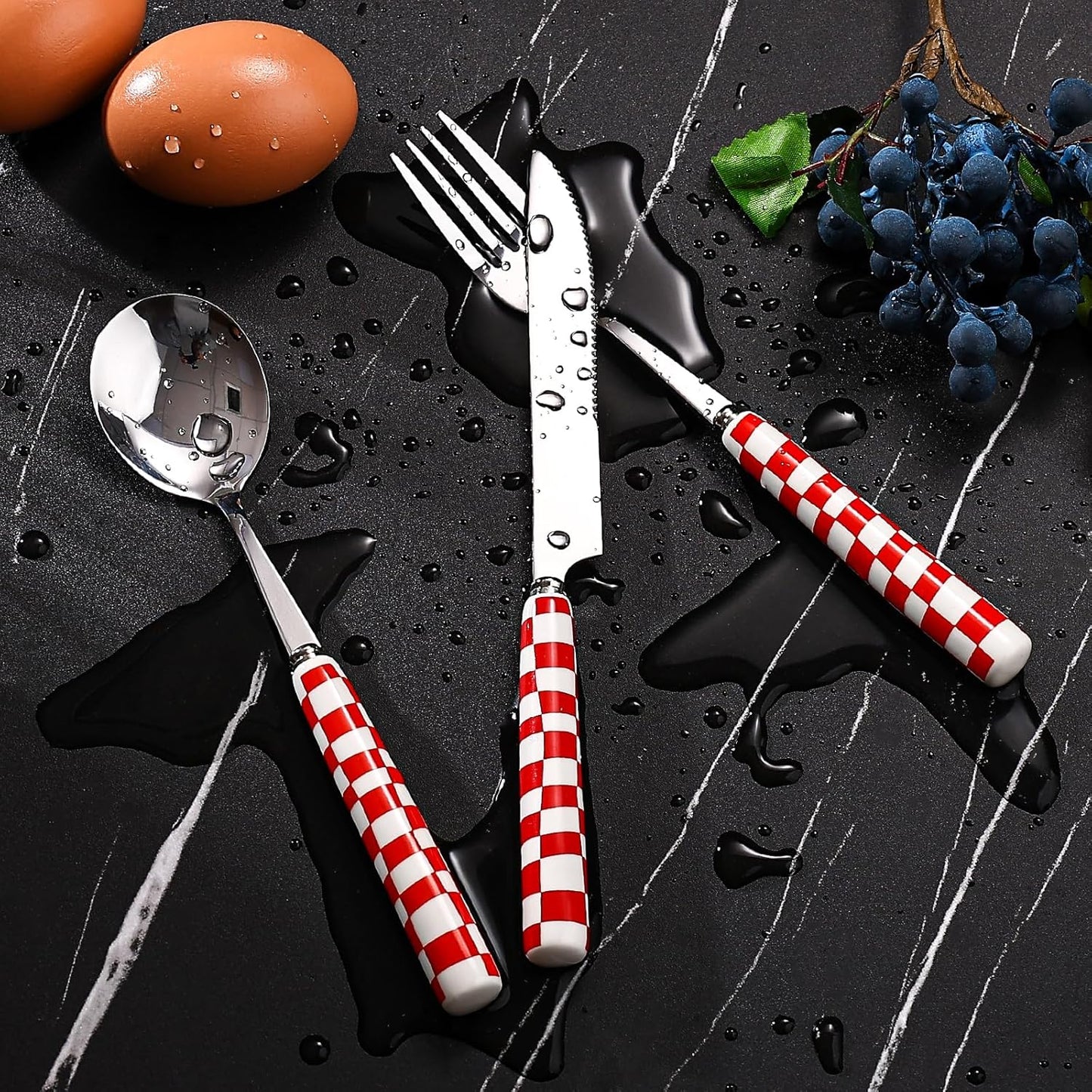 Koythin 3-Piece Cutlery Set, Stainless Steel Flatware Sets with Yellow Checkerboard Pattern Ceramic Handle, Utensils including Knife Fork Spoon (Yellow)