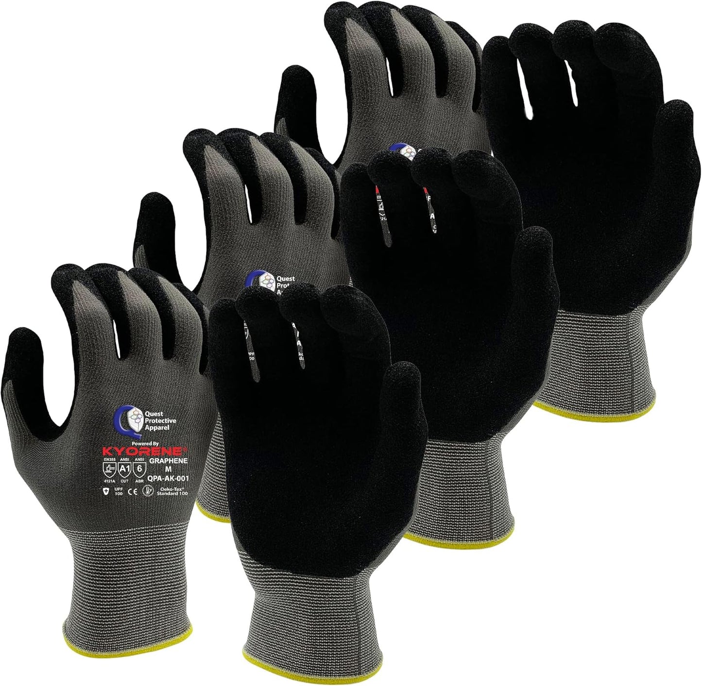 Quest Protective Apparel Cut Resistant Work Gloves (ANSI A1) – Lightweight Graphene Gloves for Gardening, DIY, Mechanical & General Handling – Breathable Grip Gloves for Men & Women – Large, Pack of 3