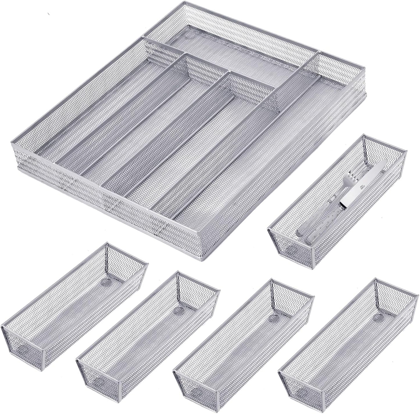 Neudeco Silverware Organizer,Mesh Drawer Organizer for Kitchen，Metal Utensil Organizer for Flatware, Knives, Spoons,Cosmetic (Silver 9 * 3 * 2 inch Pack6)
