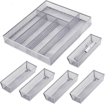 Neudeco Silverware Organizer,Mesh Drawer Organizer for Kitchen，Metal Utensil Organizer for Flatware, Knives, Spoons,Cosmetic (Silver 9 * 3 * 2 inch Pack6)