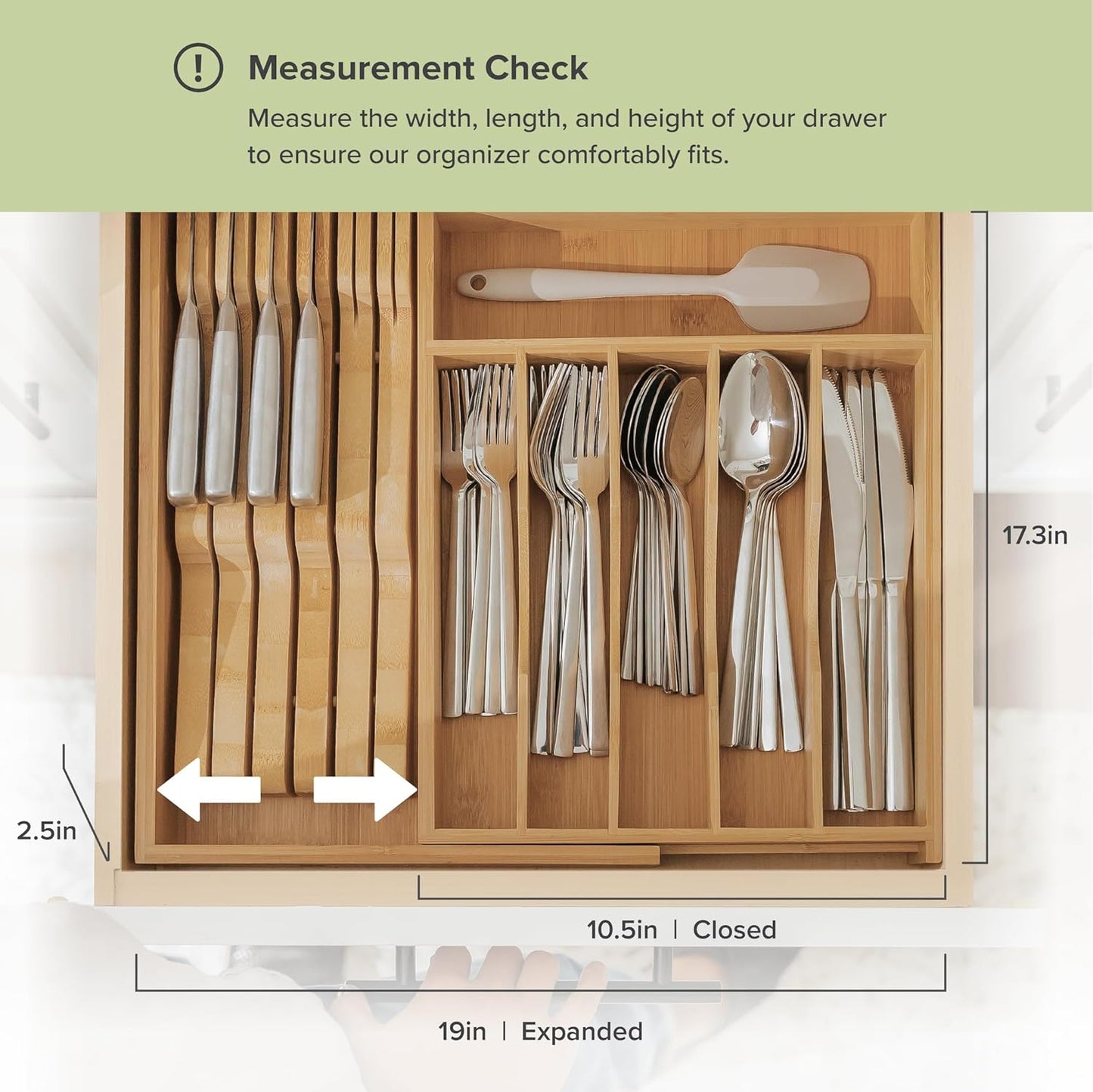 KitchenEdge Premium Silverware, Flatware and Utensil Organizer for Kitchen Drawers, Food-Safe Contract Grade, Expandable from 18 to 33 In, Natural Bamboo