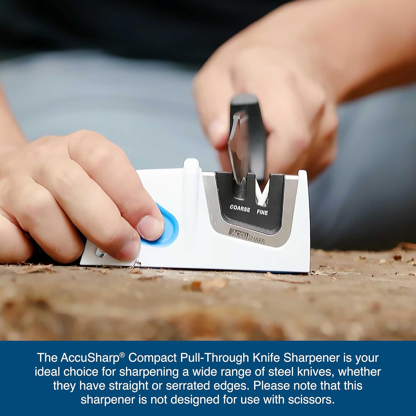 AccuSharp Compact Pull-Through 2-Stage Knife Sharpener, Repairs & Restores Kitchen Knives, Hunting Knives, Straight or Serrated Blades, Diamond-Honed Tungsten Carbide, Fine Ceramic Rods, White/Blue