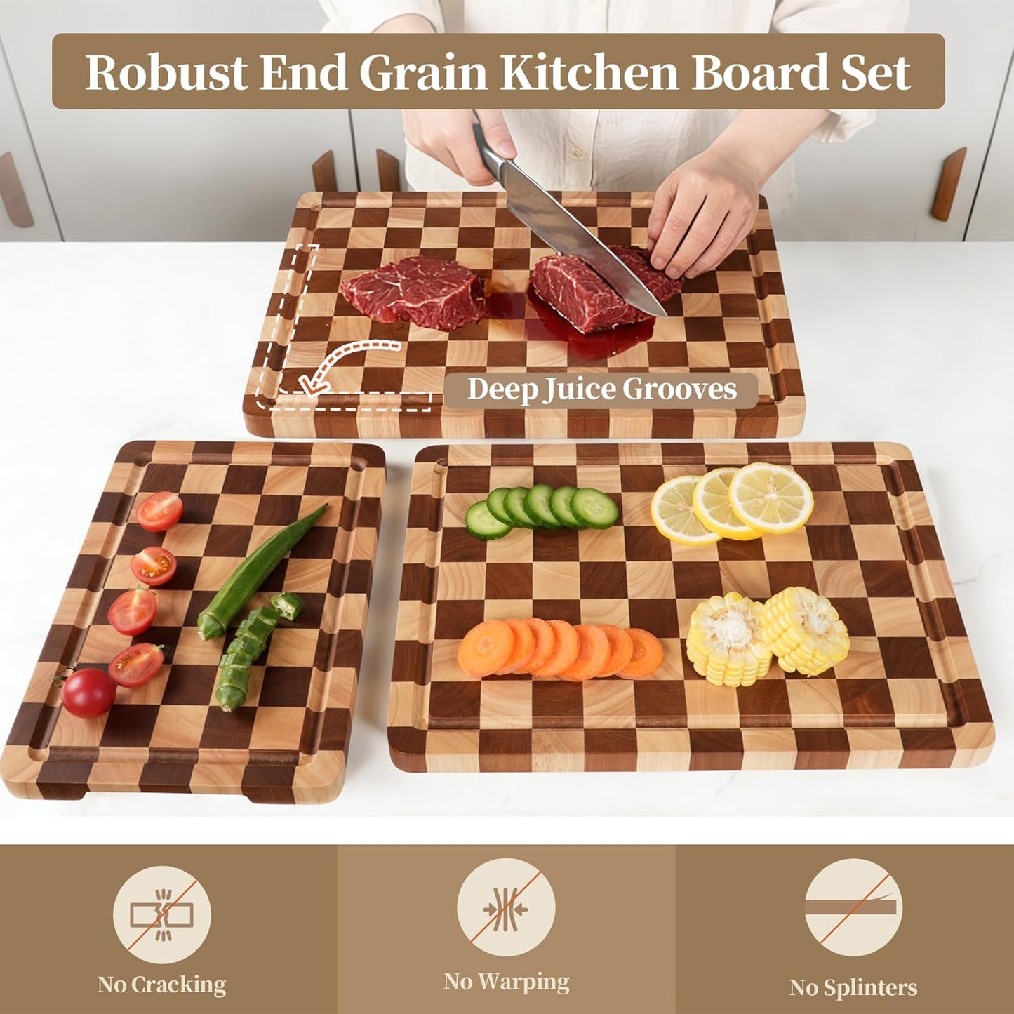 Checkered Cutting Board for Kitchen - Solid Wood End Grain Checkerboard Chopping Board with Handle & Juice Groove, Double Sided for Cooking, Serving and Decor, Rectangular 16" x 12" x 1"