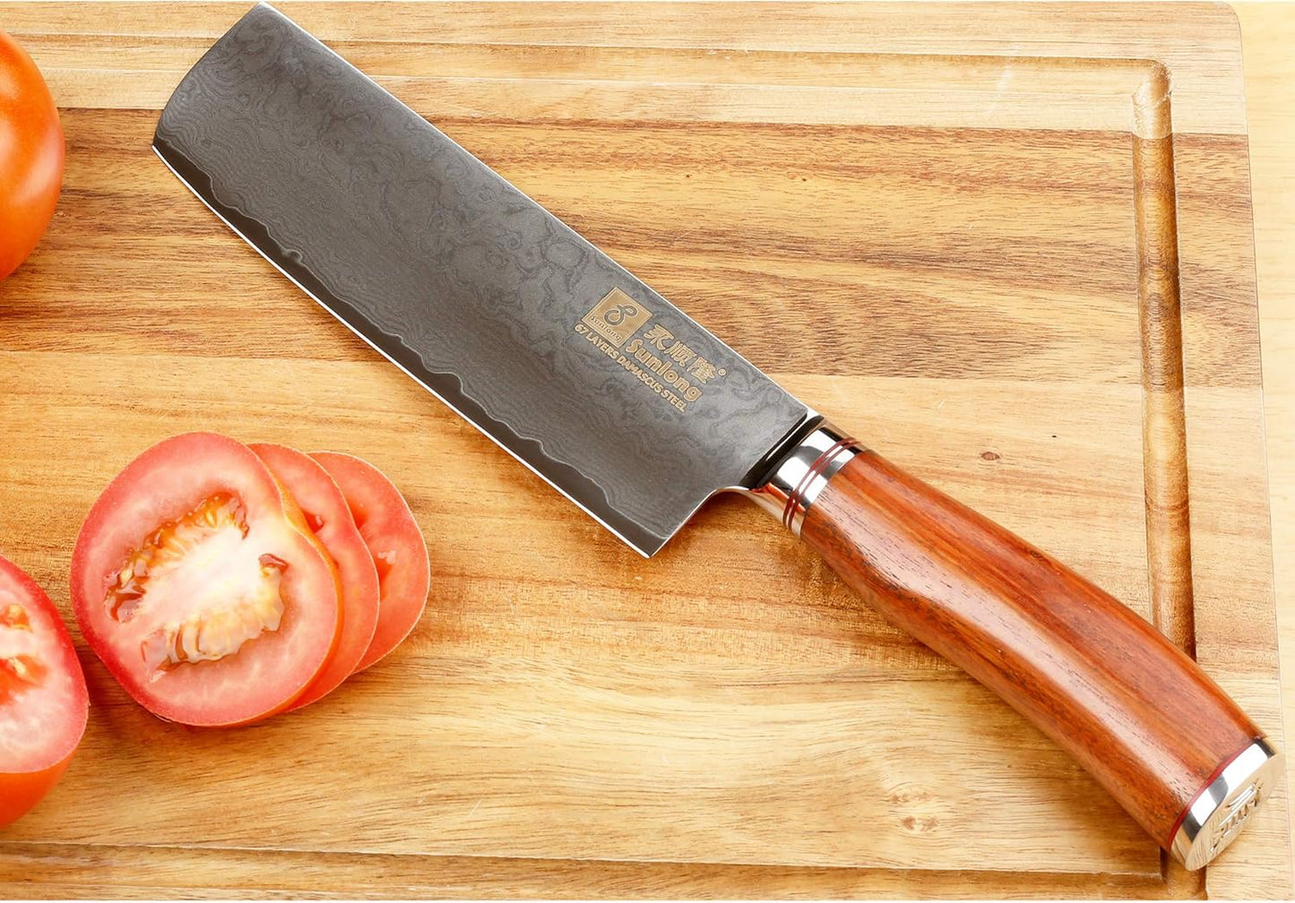 SUNLONG Nakiri Knife Usuba Knife 6.5 Inch Japanese Hammered Damascus Steel 67 Layer Bloodwood Handle