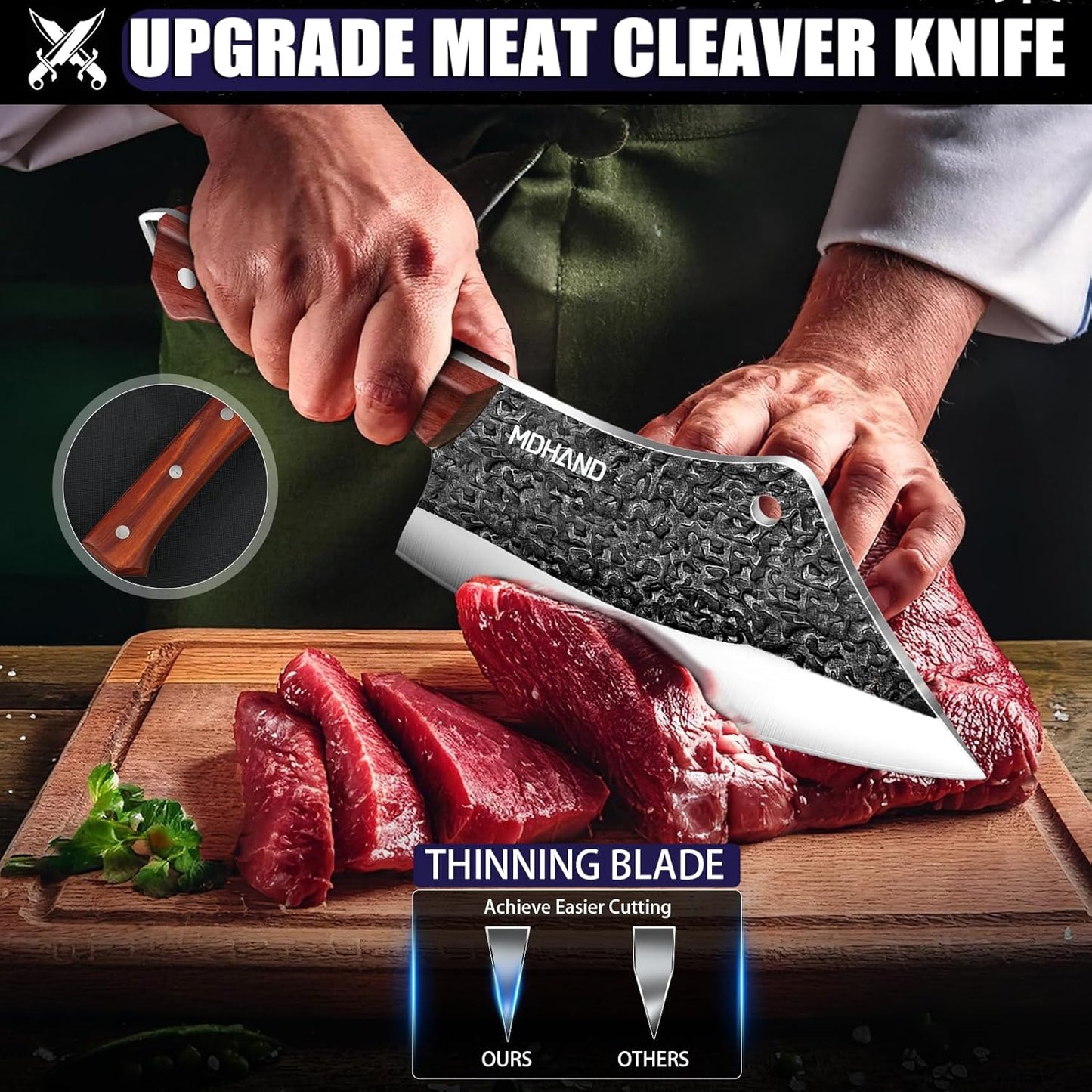 MDHAND Butcher Knife Set, 12PCS Hand Forged Serbian Chef Knife Set with Bag, High Carbon Steel Full Tang Kitchen Knives Set, Meat Cleaver & Boning Knife for Brisket Trimming BBQ Camping, Gift for Men
