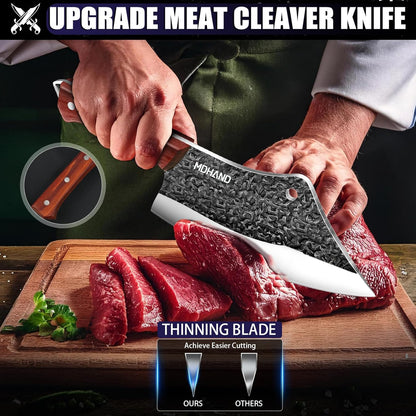 MDHAND Butcher Knife Set, 12PCS Hand Forged Serbian Chef Knife Set with Bag, High Carbon Steel Full Tang Kitchen Knives Set, Meat Cleaver & Boning Knife for Brisket Trimming BBQ Camping, Gift for Men