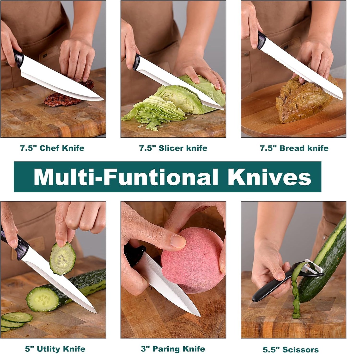 Professional 6-Piece Kitchen Knife Set with Acrylic Block - Knives Set for Kitchen, Universal Knife Block, Utility Knife Block Set, New Home Essentials, Apartment Essentials, Dishwasher Safe