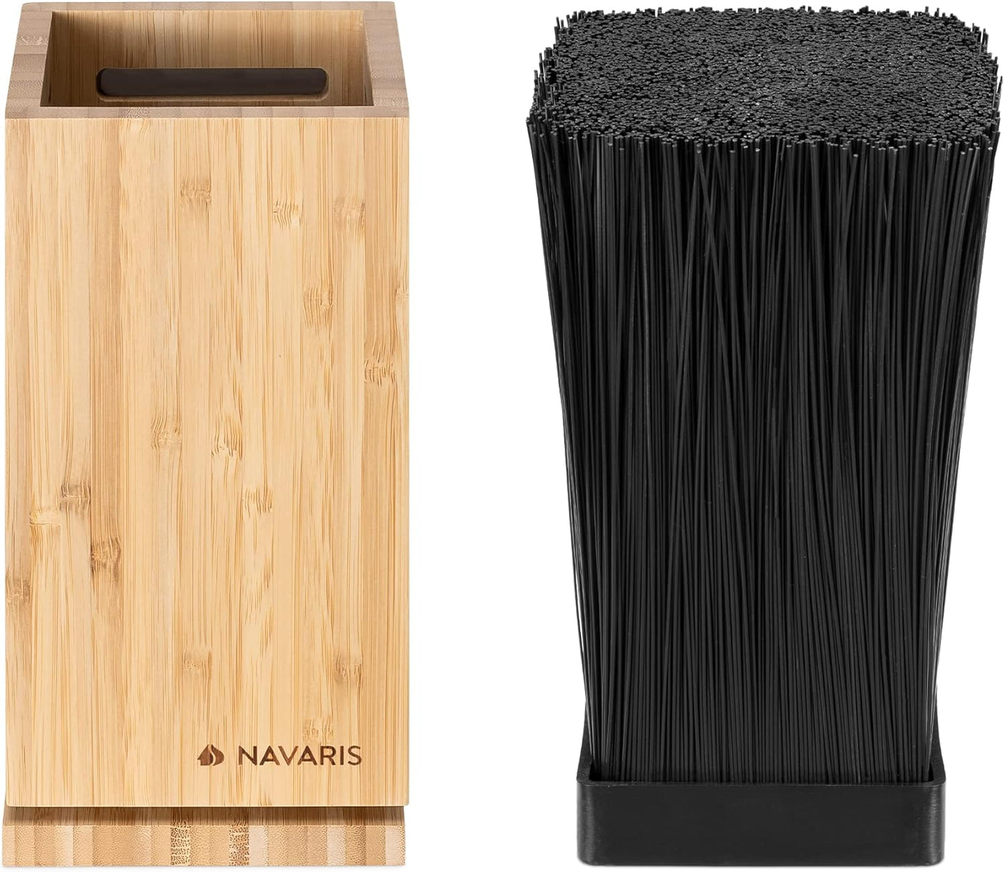 Navaris Bamboo Kitchen Knife Block - Magnetic Rotating Bristle Knife Holder - Universal Knife Block Storage Stand with Bristles - 9.8" x 4.9" x 4.9"