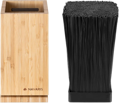 Navaris Bamboo Kitchen Knife Block - Magnetic Rotating Bristle Knife Holder - Universal Knife Block Storage Stand with Bristles - 9.8" x 4.9" x 4.9"