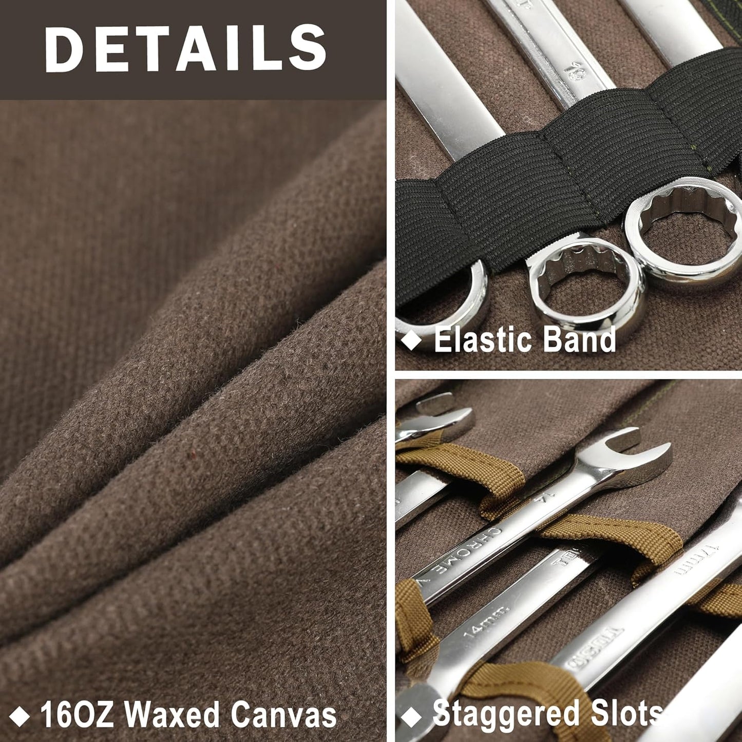 16OZ Waxed Canvas Tool Roll Bag, Heavy Duty Tool Storage Roll Bag with 7 Tool Slots & 1 Detachable Pouch, Khaki Tool Organizer for Wrenches and Tools (23.5"L x 9.5"W)